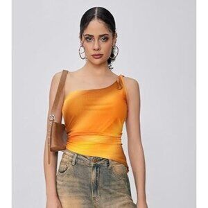 Cider Crop Top Size Large Miami Sunset Vacation Mesh Asymmetrical Neck Ombre NEW